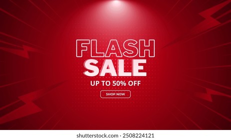 Flash Sale Shopping Poster oder Banner mit Flash-Symbol und 3D-Text auf rotem Hintergrund. Flash Sales Banner Template Design für Social Media und Website.
