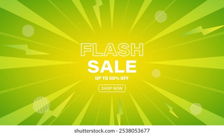Flash Sale Shopping Poster or banner with Flash icon and text on green background. Flash Sale banner template design for social media and website.