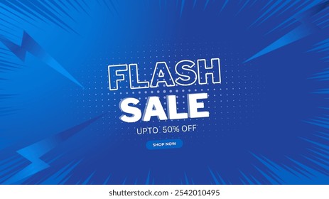 Flash Sale Shopping Poster or banner with Flash icon and 3D text on blue background. Flash Sales banner template design for social media and website. comic design wallpaper
