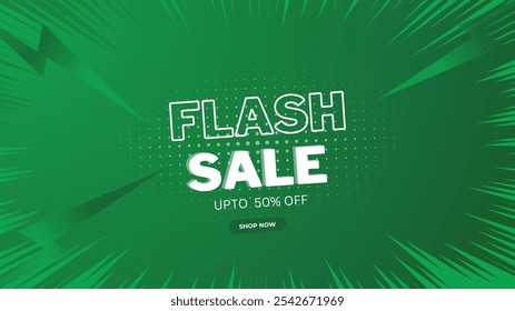 Cartaz ou banner de compras de venda do Flash com ícone do Flash e texto 3D em fundo verde. Design de modelo de banner de vendas Flash para mídia social e site.