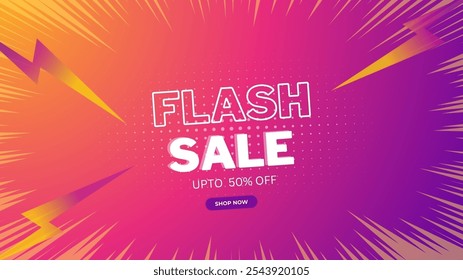 Flash Sale Shopping Poster or banner with Flash icon and 3D text on pink,yellow,purple gradient  background. Flash Sales banner template design for social media and website.