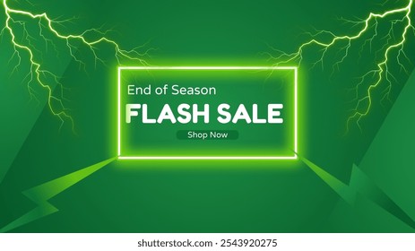 Flash Sale Shopping Poster or banner with lighting, neon, Flash icon and text on green background. Flash Sales banner template design for social media and website.