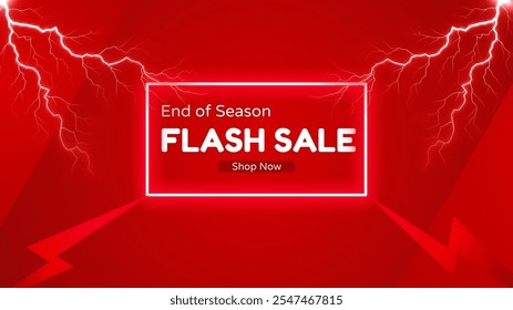 Flash Sale Shopping Poster or banner with lighting, neon, Flash icon and text on red background. Flash Sales banner template design for social media and website.