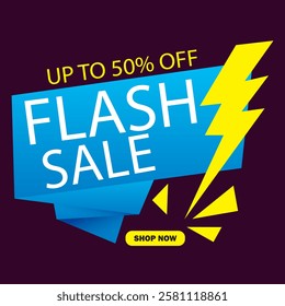 Flash Sale Shopping Poster or banner with Flash icon and text on blue background. Flash Sales banner template design for social media and website. comic design wallpaper
