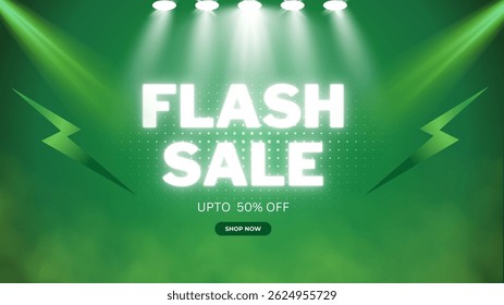 Cartaz ou banner de compras de venda do Flash com ícone do Flash e texto 3D no fundo Verde. Flash Vendas banner design de modelo para mídias sociais e site. papel de parede de design cômico