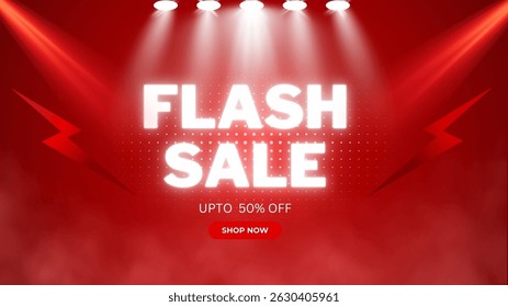Flash Sale Shopping Poster or banner with Flash icon and 3D text on red background. Flash Sales banner template design for social media and website. 