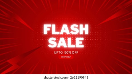 Flash Sale Shopping Poster or banner with Flash icon and 3D text on red background. Flash Sales banner template design for social media and website. 