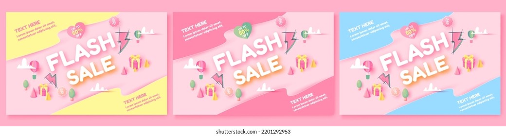 Flash Sale Shopping Poster pink background set. Flash sale banner template design. lover, promotion, thunder. paper cut and doodle style. vector art and illustration.