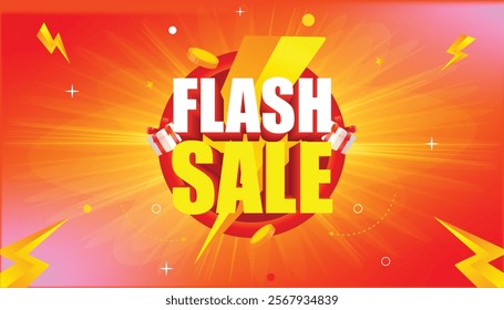 Flash Sale Shopping Poster template with 3D text and gold confetti on a red background for social media and website, Sale campaign, promotion, and street shops