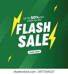 Flash Sale Shopping Poster , Bis zu 50% Rabatt , Befristete Sonderaktion , Flash Sale Banner mit grünem Farbhintergrund , Flash Sales Banner Vorlage Design für Social Media und Website. Sonderangebot 