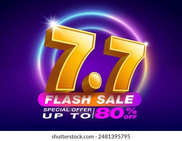 Flash Sale Shopping Vorlage, Datum 7, Monat 7, mit 3D-Textnummer 7.7 auf dunklem Hintergrund und farbigen LED Neonleuchten. Flash-Verkaufskampagne, Sonderangebote bis zu 80% Rabatt, entwickelt für Werbung.