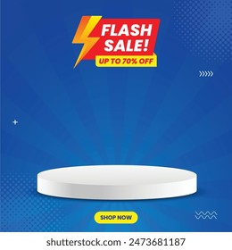 Flash sale social media post with podium and blue background. Vector design for social media. Flash sale mnemonic. Blue template.