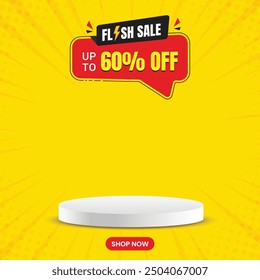 Flash sale social media post template with podium. Flash sale vector template set design. Label, banner, sticker, icon, poster, post. Simple and modern vector illustration with yellow background.