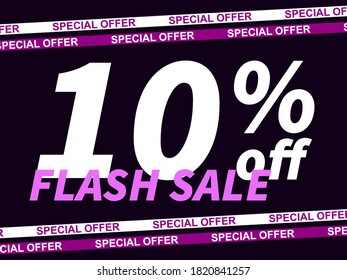 Flash sale, special offer 10% off. Sale tape ribbon and text on black background. Black friday. Design for promotional items, coupon and gift cards. Vector illustration