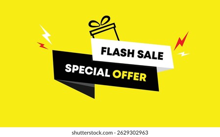 Flash sale special offer editable web banner vector illustration template design featuring black white red shapes abstract gift elements yellow highlights business style modern background creative lay