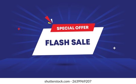 Flash sale special offer editable web banner vector art illustration icon label white red shapes blue sun shine abstract business background trending design modern template popular graphic