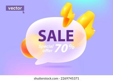 Flash sale, special offer, end of season discount on speech bubble with lightnings and spheres. Glassmorphism style. UI element for Cyber Monday, Black Friday and advertising promo pages.