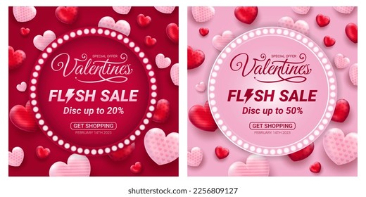 Flash sale special offer Happy Valentines Day greeting Background, set of abstract backgrounds with love and pattern pink color for banner, poster, cover design templates, social media feed