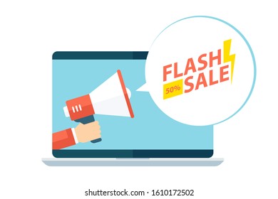 Flash Sale speech bubble with hand holding megaphone coming out from laptop. Flat design vector illustration for business, discount shopping, sale promotion and advertising.