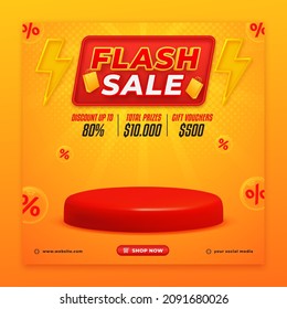 Flash sale square banner with 3D podium and bolt icons, sale and discount background template on yellow background