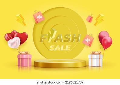 Flash sale square banner with 3D podium and bolt icons, sale and discount background template