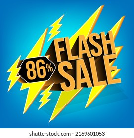 Flash sale for stores and promotions with 3d text in vector. 86% discount off