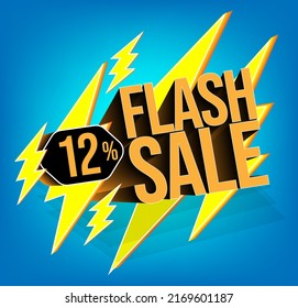 Flash sale for stores and promotions with 3d text in vector. 12% discount off