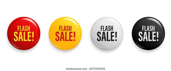 Símbolo de venta en flash. Insignia de etiqueta 3D redonda con mensaje de oferta. Símbolo de descuentos publicitarios. Conjunto de promoción para la comercialización de compras, venta de liquidación y Ilustración vectorial de publicidad.