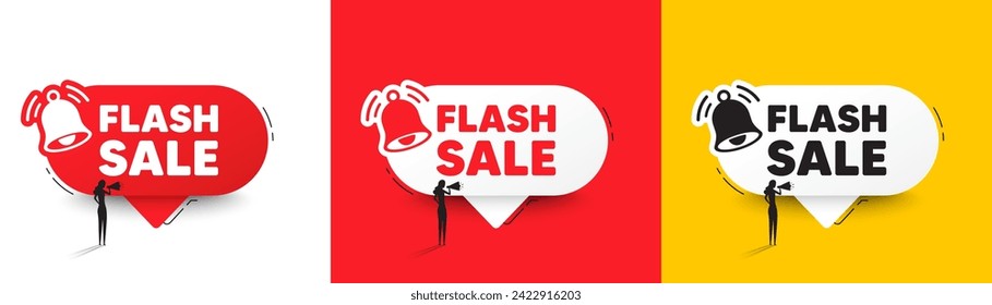 Flash Sale tag. Speech bubbles with bell and woman silhouette. Special offer price sign. Advertising Discounts symbol. Flash sale chat speech message. Woman with megaphone. Vector