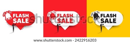 Flash Sale tag. Speech bubbles with bell and woman silhouette. Special offer price sign. Advertising Discounts symbol. Flash sale chat speech message. Woman with megaphone. Vector