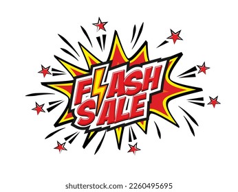 Flash sale template poster or banner with Flash icon, stars, explosion and lightning in comic style. Vector on transparent background for print, social media and website.