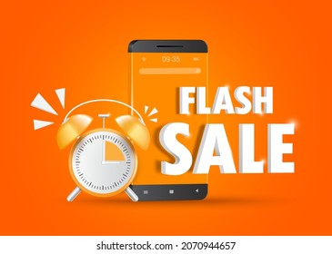 Flash sale text 3d placed on android smartphone screen And beside it there is an alarm clock alerting promotions for online shopping  promotion,vector 3d on orange background for advertising design