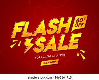 Flash Sale Text with 60% Discount Offer on Red Background for Advertising Poster Design.