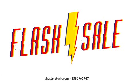 Flash Sale text design with lightning bolt for business, discount shopping, sale promotion and advertising. Glitch Style. Vector illustration.