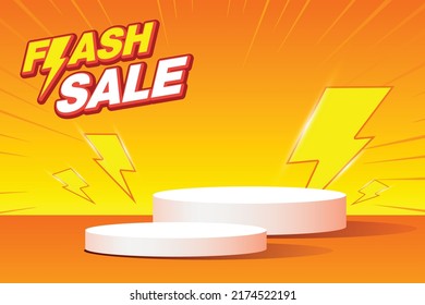 tema de venta de flash y podio blanco con espacio vacío, fondo de trueno y naranja amarillo, ilustración del vector