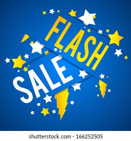 Flash Sale With Thunder and Stars on Blue Background vector illustration