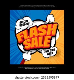 Flash sale vector banner in pop art style design with editable text effect