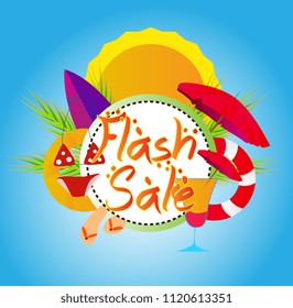 flash sale, vector beautiful greeting card or label with beach or summer theme and handrawn text.