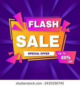 Flash Sale Vector flat design sale background with discount up to 80%. Special Offer. Vector illustration. Get discount 80%.