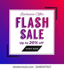 Flash Sale Vector Realistic 3d banner for ads with 20% off. Vector illustration. Shop Now. Exclusive Offer. Shop Now. Up to 20% off.