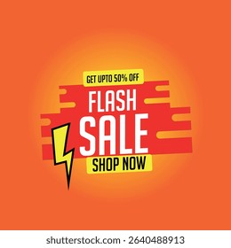 Flash Sale White Text 50% Off Shop Now with Yellow Electric Icon on Orange and White Background Vector	
