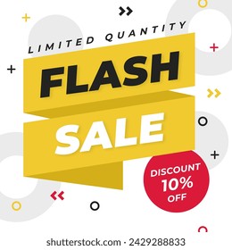 Venta Flash en fondo blanco y amarillo con descuento de hasta el 10%. Ilustración vectorial. 10% de descuento en Cantidad limitada.