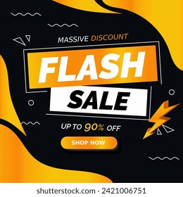 Flash Sale with yellow and black background with up to 90% off. Massive Discount. Shop Now. Flash Sales banner template design for social media and website.