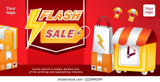 Flash Sale, Yellow Clock And Shopping Package 3d Illustration