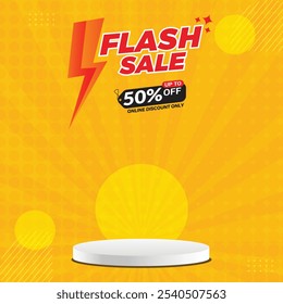 Diseño de Plantilla de Anuncio de ventas flash para redes sociales con podio. Anuncio Super Sale con podio.
Plantilla de exhibición del producto de la venta flash. Venta flash 70% de descuento. Anuncio de exhibición del producto. 50% de descuento. 60% de descuento.