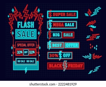 Flash sales lightning bolt concept. Neon graphic styles with no effects for texts and graphics. Sales and discount signs