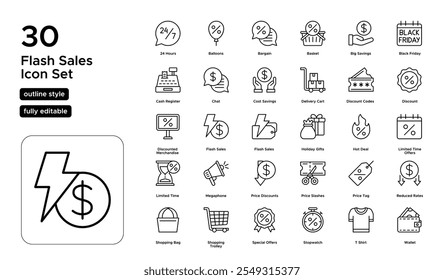 Conjunto de iconos de línea de ventas flash: ofertas sensibles al tiempo, descuentos instantáneos e iconos de compras en línea