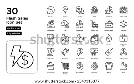 Flash Sales Line Icon Set: Time-Sensitive Offers, Instant Discounts, and Online Shopping Icons