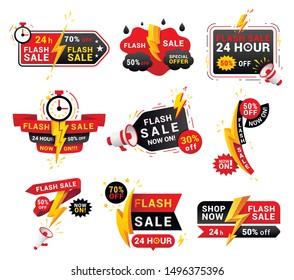 Flash sales shopping promotional labels vector set. One day only discounts badges isolated pack on white background. 24 hours low price special offers advertisement stickers collection