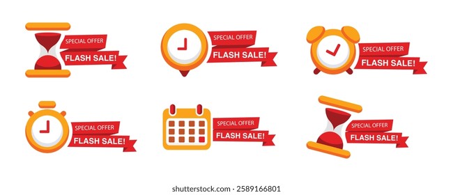 Flash sales shopping promotional labels vector set. Set of sale countdown badges. Sale timer banners. Last day, last hour and last minute offer.